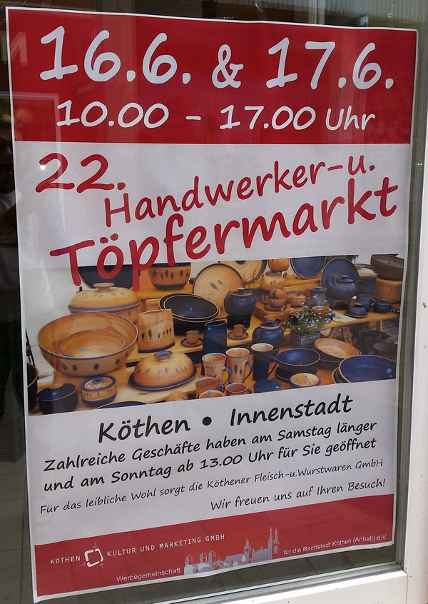 Plakat vom Handwerker und Töpfermarkt im Juni 2018 in Köthen