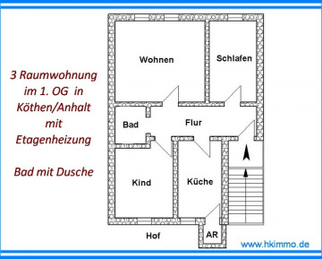 Mietwohnung 3 Zimmer,Küche,Bad in Köthen Nähe Krankenhaus - Grundriss der Wohnung in Köthen (366147)