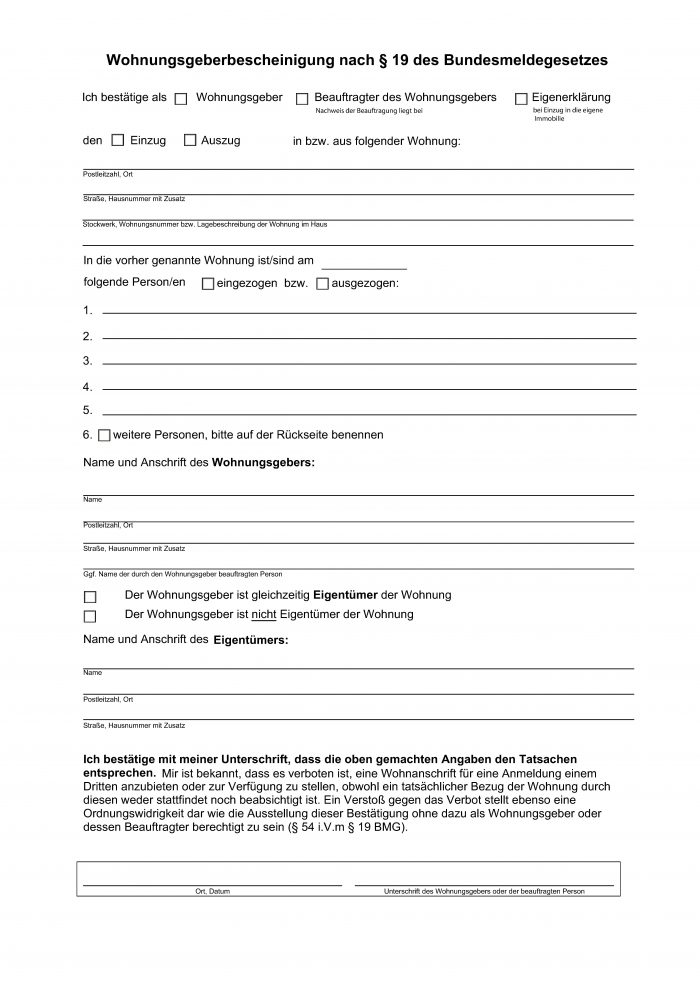 Formular Wohnungsgeberbescheinigung / Wohnungsgeberbestätigung für das Einwohnermeldeamt